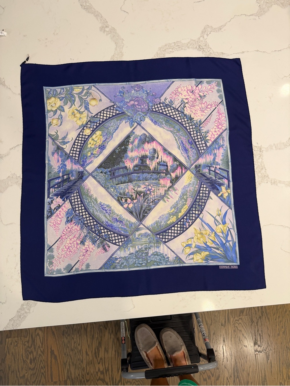 Hermes Navy and Lavender Floral Silk Scarf